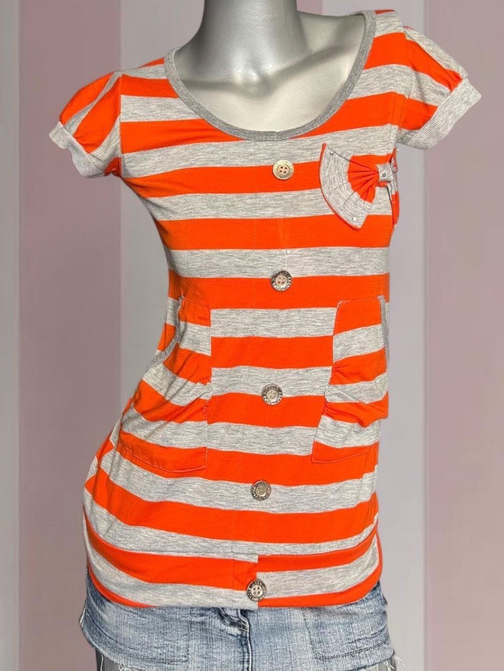 Orange/Grey Striped Baby Doll Button/Bow Top